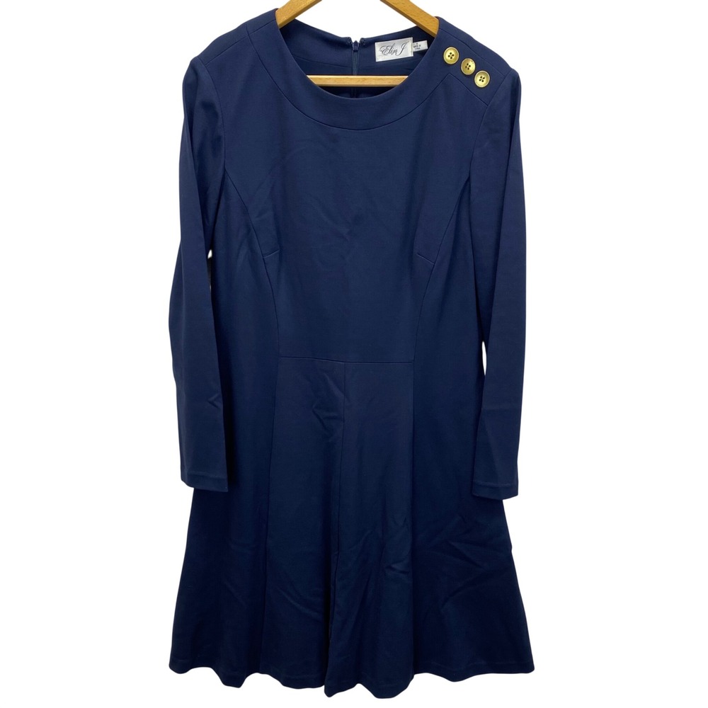 Eliza J Navy Blue Boat Neck Long Sleeve Fit Flare Dress Size 14 Gold Buttons